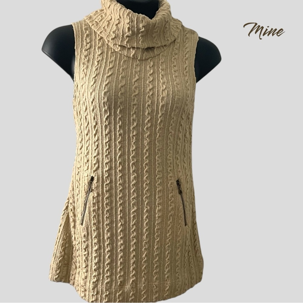 MINE Tan Beige Cable Knit Turtleneck Sleeveless Sweater Dress Top SZ Lg